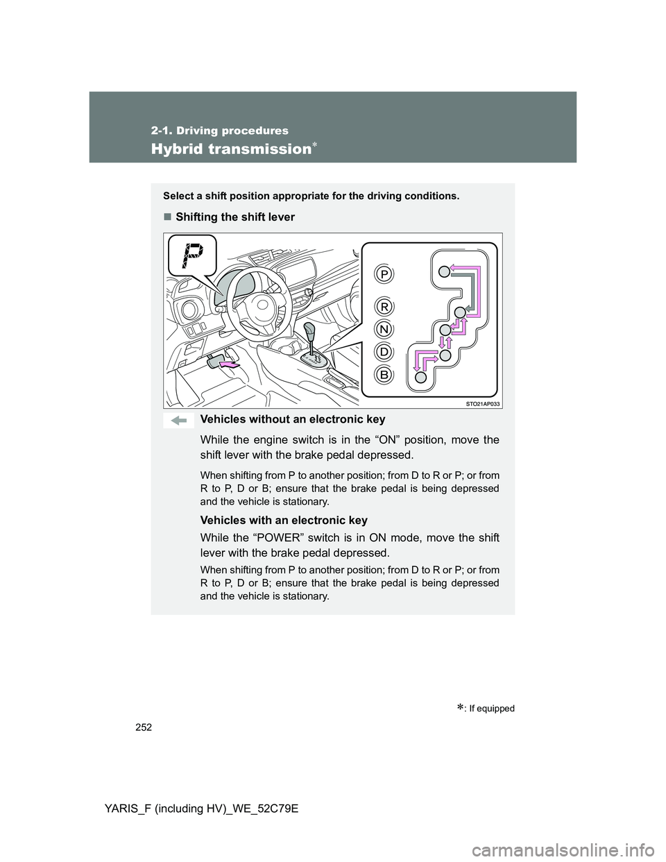 TOYOTA YARIS HYBRID 2012 Owners Manual 252
2-1. Driving procedures
YARIS_F (including HV)_WE_52C79E
Hybrid transmission
: If equipped
Select a shift position appropriate for the driving conditions.
Shifting the shift lever
Vehicle TOYOTA YARIS HYBRID 2012 Owners Manual 252
2-1. Driving procedures
YARIS_F (including HV)_WE_52C79E
Hybrid transmission
: If equipped
Select a shift position appropriate for the driving conditions.
Shifting the shift lever
Vehicle