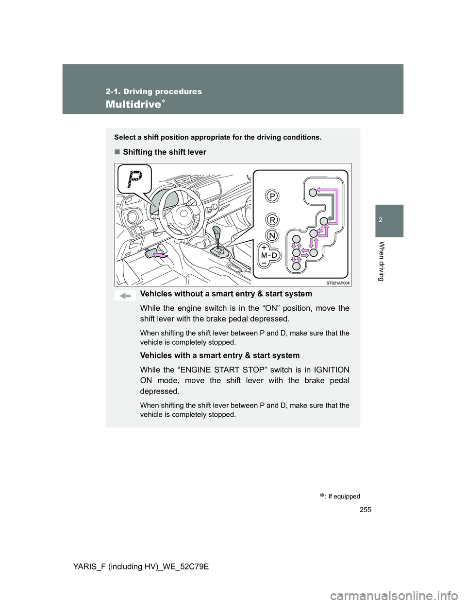 TOYOTA YARIS HYBRID 2012 Owners Manual 255
2-1. Driving procedures
2
When driving
YARIS_F (including HV)_WE_52C79E
Multidrive
: If equipped
Select a shift position appropriate for the driving conditions.
Shifting the shift lever
V TOYOTA YARIS HYBRID 2012 Owners Manual 255
2-1. Driving procedures
2
When driving
YARIS_F (including HV)_WE_52C79E
Multidrive
: If equipped
Select a shift position appropriate for the driving conditions.
Shifting the shift lever
V