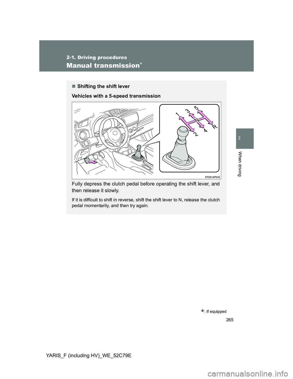 TOYOTA YARIS HYBRID 2012  Owners Manual 265
2-1. Driving procedures
2
When driving
YARIS_F (including HV)_WE_52C79E
Manual transmission
: If equipped
Shifting the shift lever
Vehicles with a 5-speed transmission
Fully depress the c