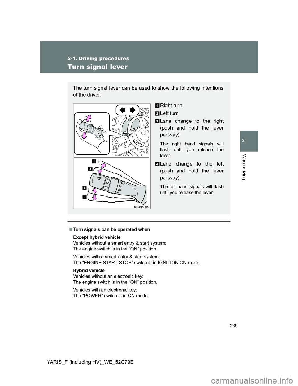 TOYOTA YARIS HYBRID 2012  Owners Manual 269
2-1. Driving procedures
2
When driving
YARIS_F (including HV)_WE_52C79E
Turn signal lever
Turn signals can be operated when
Except hybrid vehicle
Vehicles without a smart entry & start system: 