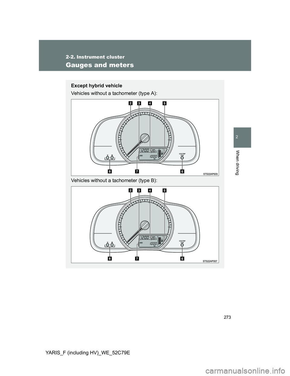TOYOTA YARIS HYBRID 2012  Owners Manual 273
2
When driving
YARIS_F (including HV)_WE_52C79E
2-2. Instrument cluster
Gauges and meters
Except hybrid vehicle
Vehicles without a tachometer (type A):
Vehicles without a tachometer (type B): 