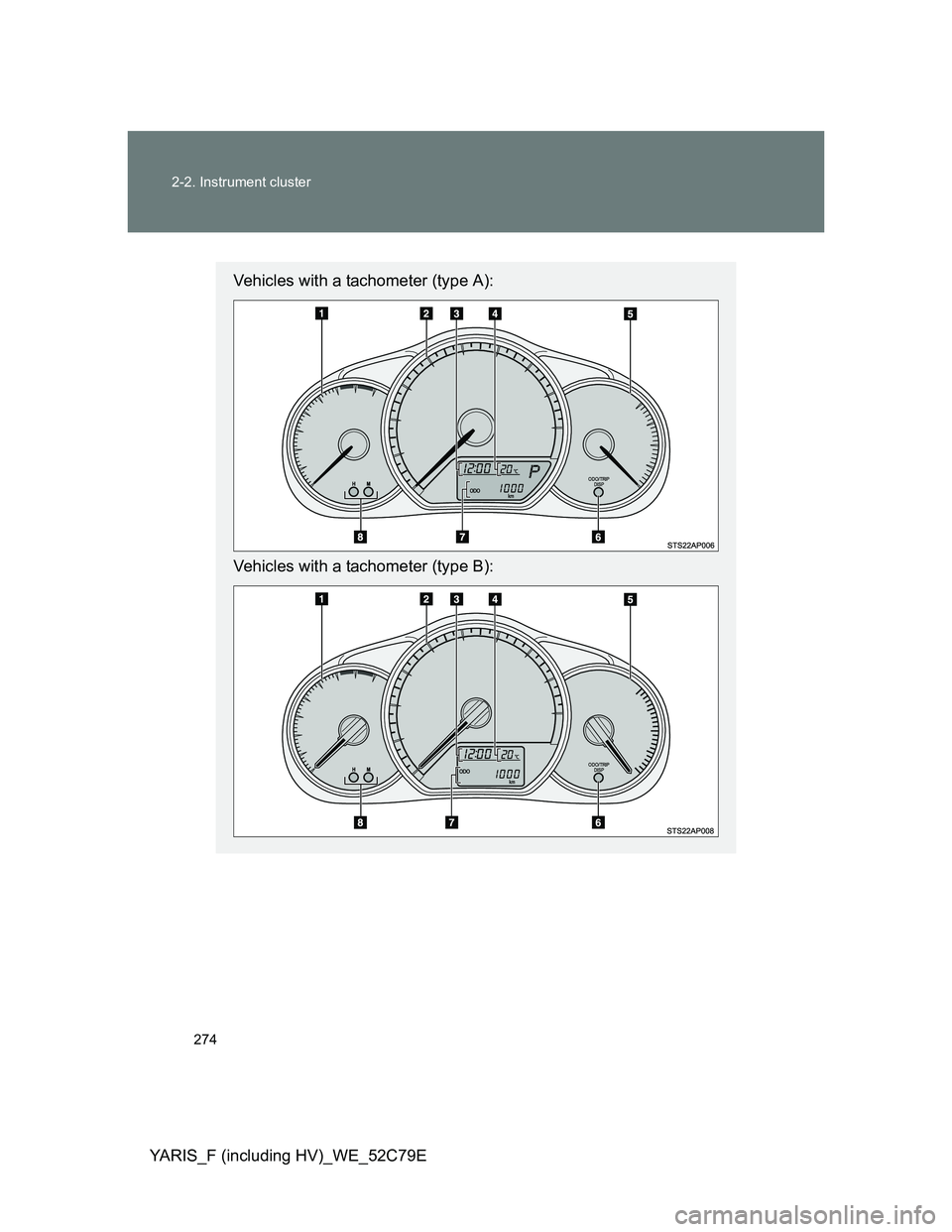 TOYOTA YARIS HYBRID 2012  Owners Manual 274 2-2. Instrument cluster
YARIS_F (including HV)_WE_52C79E
Vehicles with a tachometer (type A):
Vehicles with a tachometer (type B): 
