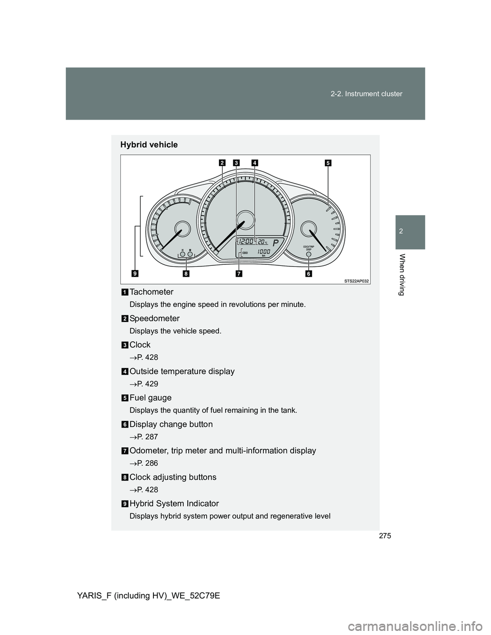 TOYOTA YARIS HYBRID 2012  Owners Manual 275 2-2. Instrument cluster
2
When driving
YARIS_F (including HV)_WE_52C79E
Hybrid vehicle
Tachometer
Displays the engine speed in revolutions per minute.
Speedometer
Displays the vehicle speed.
Clock