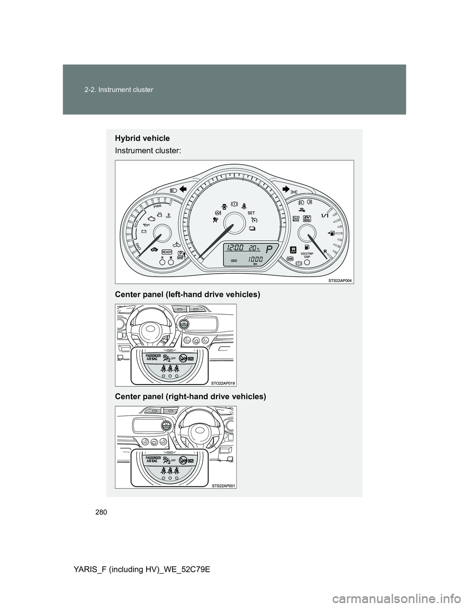 TOYOTA YARIS HYBRID 2012  Owners Manual 280 2-2. Instrument cluster
YARIS_F (including HV)_WE_52C79E
Hybrid vehicle
Instrument cluster:
Center panel (left-hand drive vehicles)
Center panel (right-hand drive vehicles) 