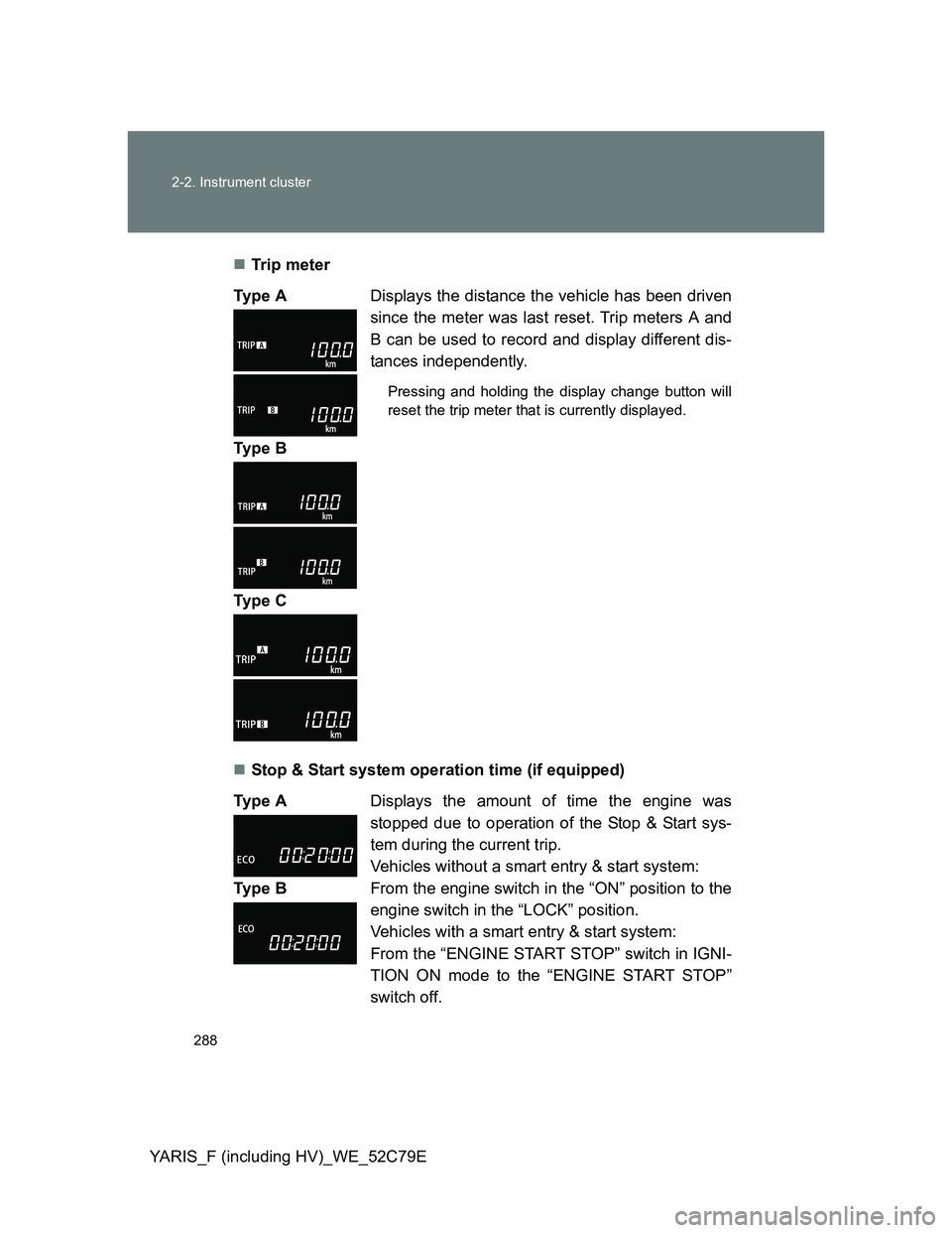 TOYOTA YARIS HYBRID 2012 Owners Manual 288 2-2. Instrument cluster
YARIS_F (including HV)_WE_52C79ETr ip m eter
Stop & Start system operation time (if equipped) Ty p e ADisplays the distance the vehicle has been driven
since the me TOYOTA YARIS HYBRID 2012 Owners Manual 288 2-2. Instrument cluster
YARIS_F (including HV)_WE_52C79ETr ip m eter
Stop & Start system operation time (if equipped) Ty p e ADisplays the distance the vehicle has been driven
since the me
