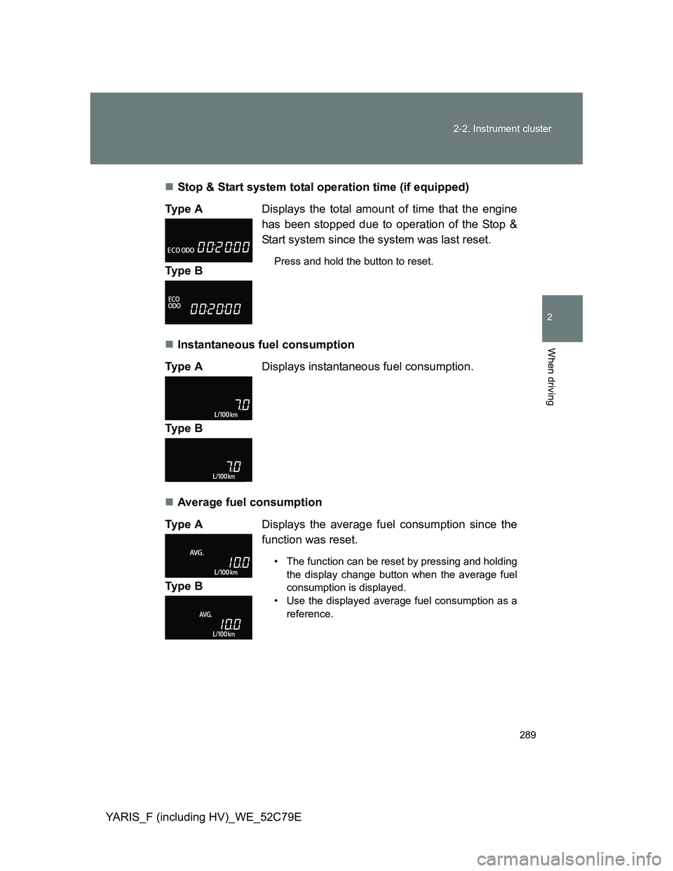 TOYOTA YARIS HYBRID 2012 Owners Manual 289 2-2. Instrument cluster
2
When driving
YARIS_F (including HV)_WE_52C79EStop & Start system total operation time (if equipped)
Instantaneous fuel consumption
Average fuel consumption Ty p TOYOTA YARIS HYBRID 2012 Owners Manual 289 2-2. Instrument cluster
2
When driving
YARIS_F (including HV)_WE_52C79EStop & Start system total operation time (if equipped)
Instantaneous fuel consumption
Average fuel consumption Ty p