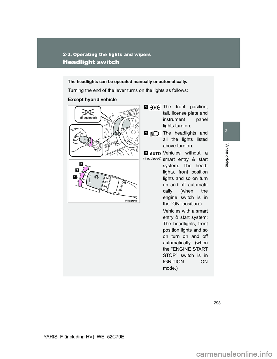 TOYOTA YARIS HYBRID 2012 Owners Manual 293
2
When driving
YARIS_F (including HV)_WE_52C79E
2-3. Operating the lights and wipers
Headlight switch
The headlights can be operated manually or automatically.
Turning the end of the lever turns o TOYOTA YARIS HYBRID 2012 Owners Manual 293
2
When driving
YARIS_F (including HV)_WE_52C79E
2-3. Operating the lights and wipers
Headlight switch
The headlights can be operated manually or automatically.
Turning the end of the lever turns o