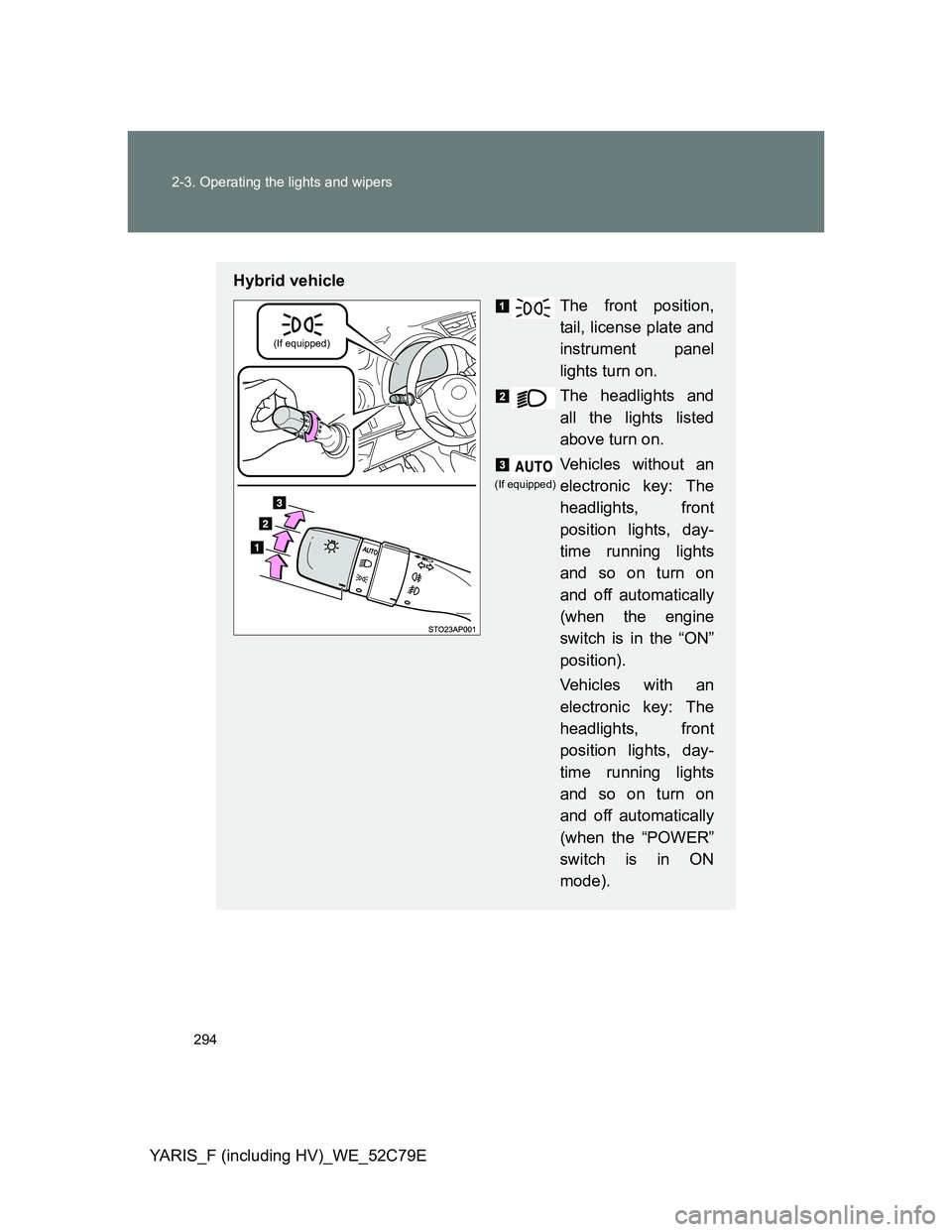 TOYOTA YARIS HYBRID 2012 Owners Manual 294 2-3. Operating the lights and wipers
YARIS_F (including HV)_WE_52C79E
Hybrid vehicle
The front position,
tail, license plate and
instrument panel
lights turn on.
The headlights and
all the lights TOYOTA YARIS HYBRID 2012 Owners Manual 294 2-3. Operating the lights and wipers
YARIS_F (including HV)_WE_52C79E
Hybrid vehicle
The front position,
tail, license plate and
instrument panel
lights turn on.
The headlights and
all the lights