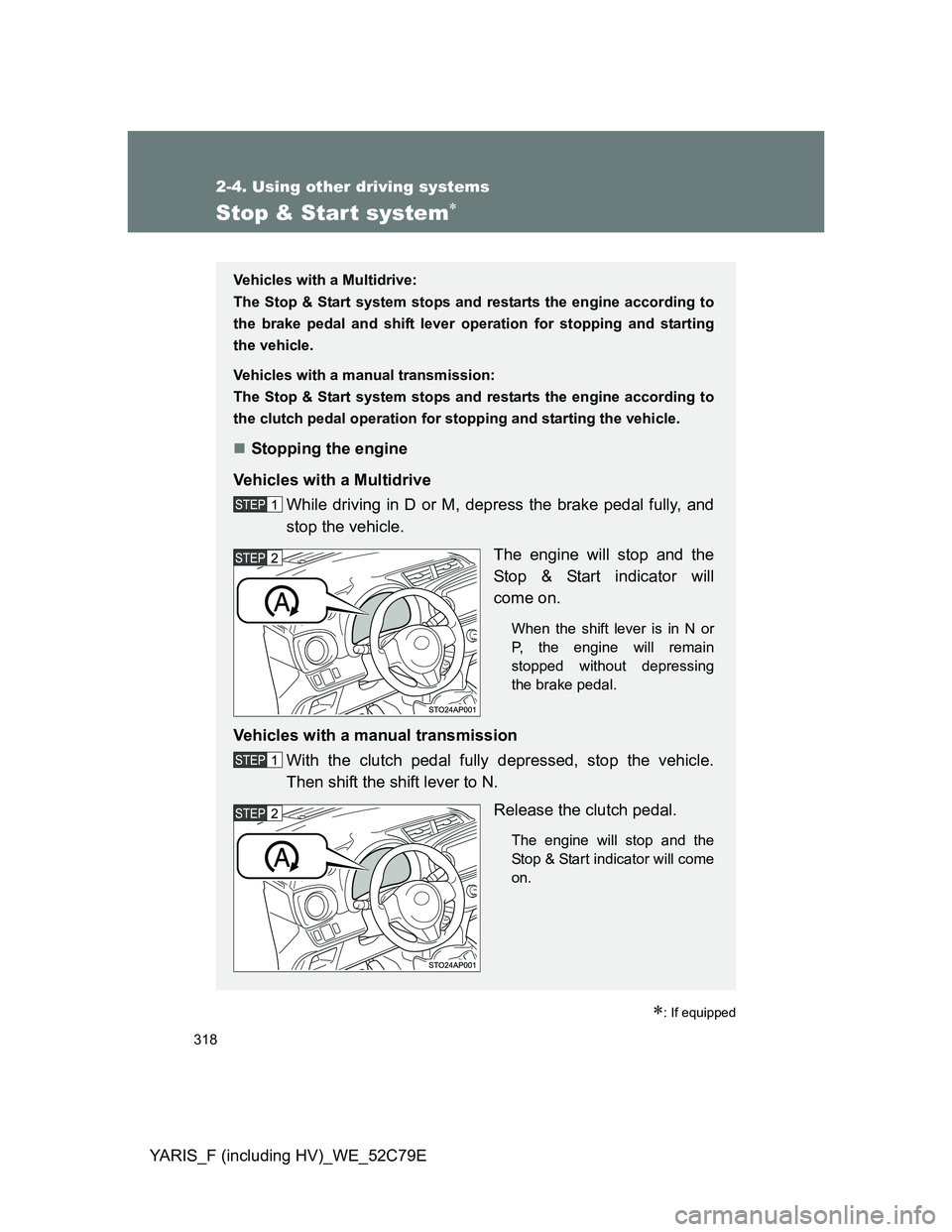 TOYOTA YARIS HYBRID 2012 Owners Manual 318
2-4. Using other driving systems
YARIS_F (including HV)_WE_52C79E
Stop & Start system
: If equipped
Vehicles with a Multidrive:
The Stop & Start system stops and restarts the engine accordi TOYOTA YARIS HYBRID 2012 Owners Manual 318
2-4. Using other driving systems
YARIS_F (including HV)_WE_52C79E
Stop & Start system
: If equipped
Vehicles with a Multidrive:
The Stop & Start system stops and restarts the engine accordi
