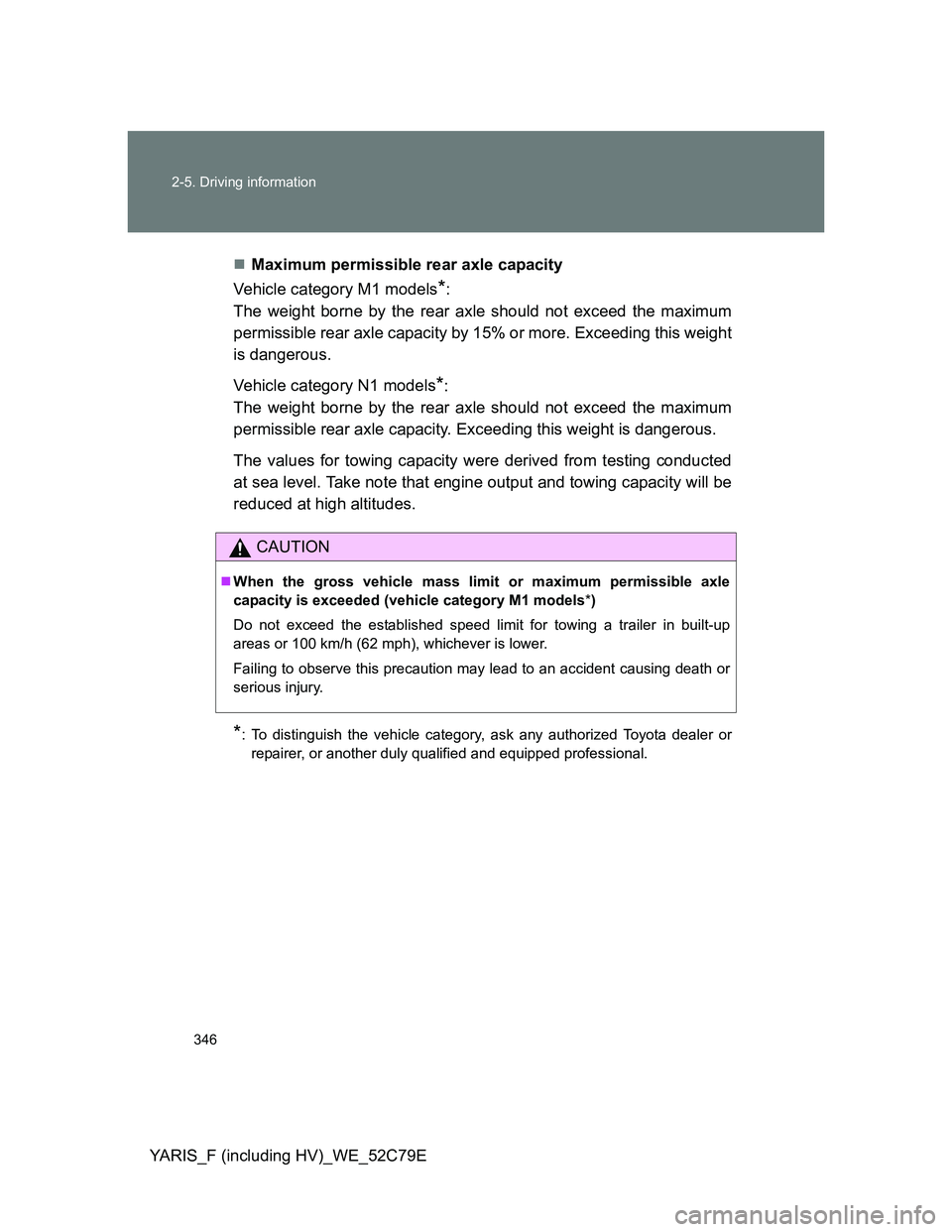 TOYOTA YARIS HYBRID 2012 Owners Manual 346 2-5. Driving information
YARIS_F (including HV)_WE_52C79EMaximum permissible rear axle capacity
Vehicle category M1 models
*:
The weight borne by the rear axle should not exceed the maximum
per TOYOTA YARIS HYBRID 2012 Owners Manual 346 2-5. Driving information
YARIS_F (including HV)_WE_52C79EMaximum permissible rear axle capacity
Vehicle category M1 models
*:
The weight borne by the rear axle should not exceed the maximum
per