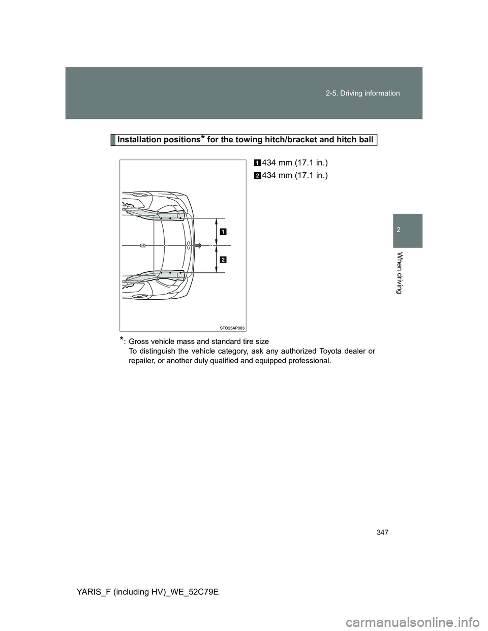 TOYOTA YARIS HYBRID 2012 Owners Manual 347 2-5. Driving information
2
When driving
YARIS_F (including HV)_WE_52C79E
Installation positions* for the towing hitch/bracket and hitch ball
434 mm (17.1 in.)
434 mm (17.1 in.)
*: Gross vehicle ma TOYOTA YARIS HYBRID 2012 Owners Manual 347 2-5. Driving information
2
When driving
YARIS_F (including HV)_WE_52C79E
Installation positions* for the towing hitch/bracket and hitch ball
434 mm (17.1 in.)
434 mm (17.1 in.)
*: Gross vehicle ma