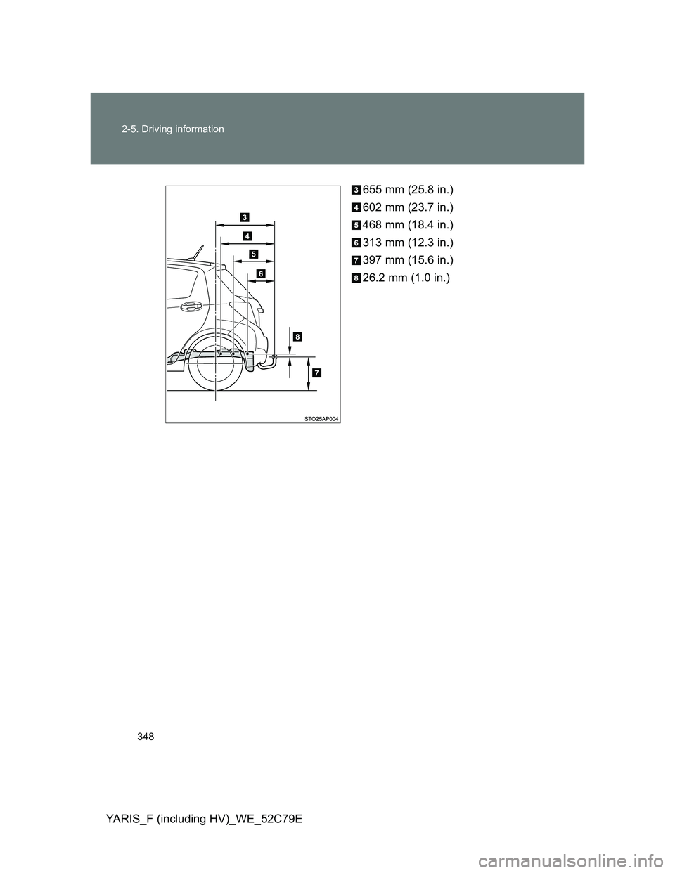 TOYOTA YARIS HYBRID 2012 Owners Manual 348 2-5. Driving information
YARIS_F (including HV)_WE_52C79E655 mm (25.8 in.)
602 mm (23.7 in.)
468 mm (18.4 in.)
313 mm (12.3 in.)
397 mm (15.6 in.)
26.2 mm (1.0 in.) TOYOTA YARIS HYBRID 2012 Owners Manual 348 2-5. Driving information
YARIS_F (including HV)_WE_52C79E655 mm (25.8 in.)
602 mm (23.7 in.)
468 mm (18.4 in.)
313 mm (12.3 in.)
397 mm (15.6 in.)
26.2 mm (1.0 in.)