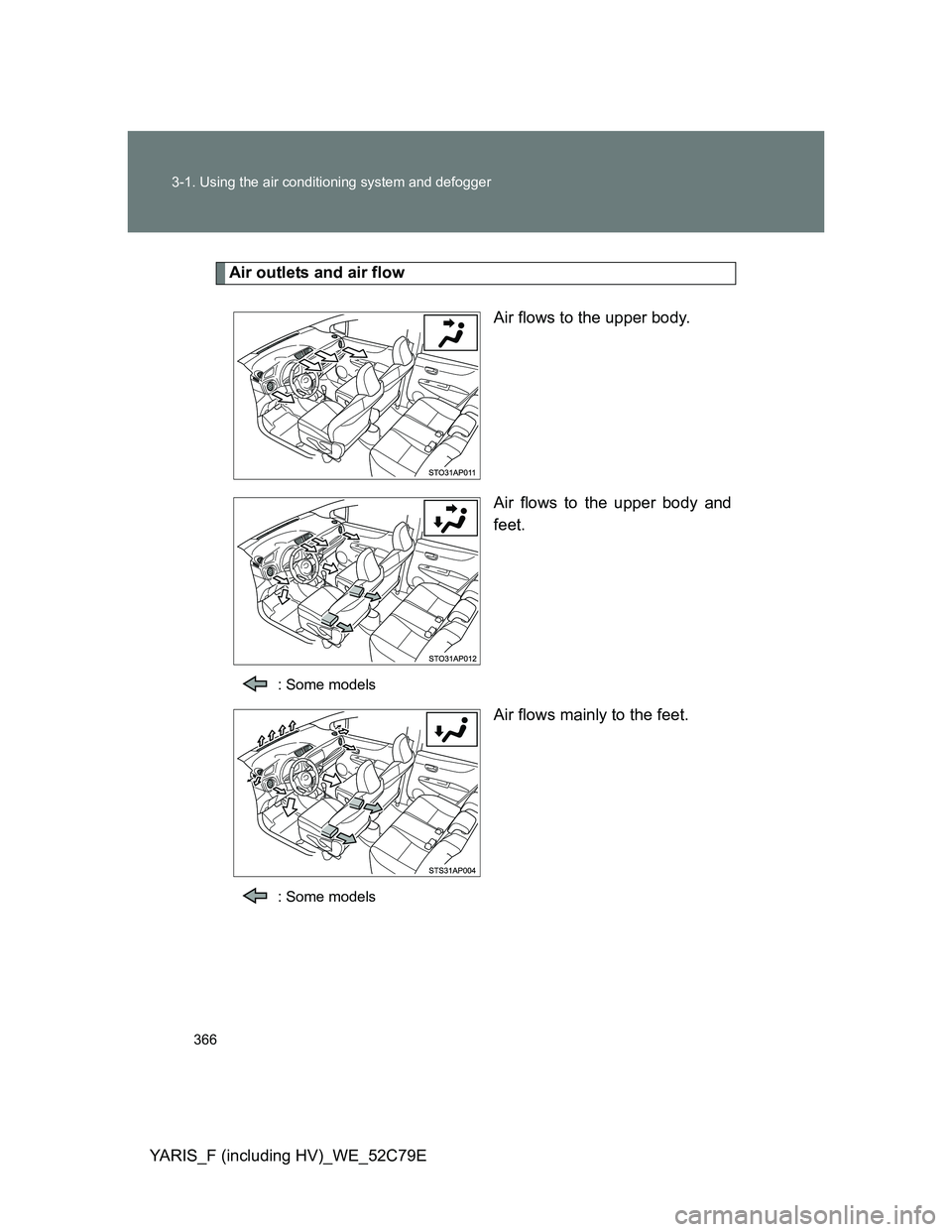 TOYOTA YARIS HYBRID 2012 Owners Manual 366 3-1. Using the air conditioning system and defogger
YARIS_F (including HV)_WE_52C79E
Air outlets and air flow
Air flows to the upper body.
Air flows to the upper body and
feet.
: Some models
Air f TOYOTA YARIS HYBRID 2012 Owners Manual 366 3-1. Using the air conditioning system and defogger
YARIS_F (including HV)_WE_52C79E
Air outlets and air flow
Air flows to the upper body.
Air flows to the upper body and
feet.
: Some models
Air f