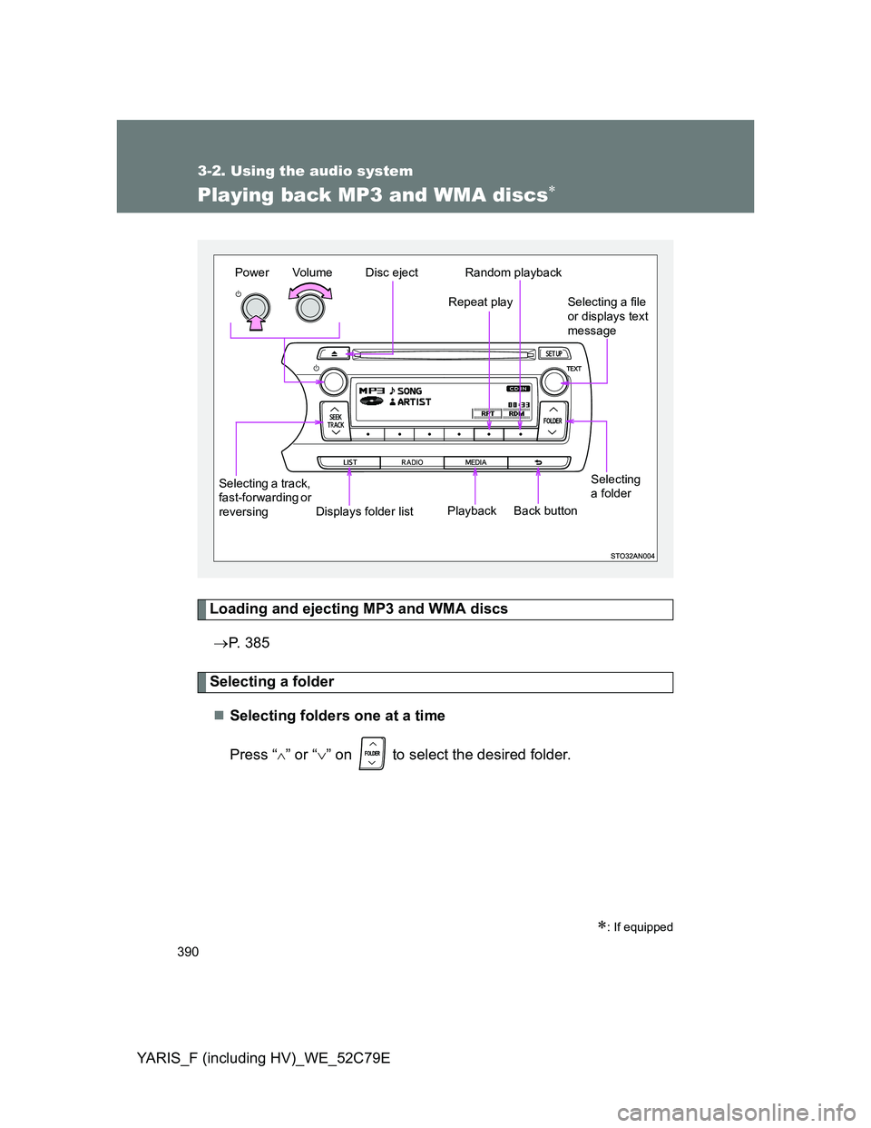 TOYOTA YARIS HYBRID 2012 Owners Manual 390
3-2. Using the audio system
YARIS_F (including HV)_WE_52C79E
Playing back MP3 and WMA discs
Loading and ejecting MP3 and WMA discs
P. 385
Selecting a folder
Selecting folders one at a tim TOYOTA YARIS HYBRID 2012 Owners Manual 390
3-2. Using the audio system
YARIS_F (including HV)_WE_52C79E
Playing back MP3 and WMA discs
Loading and ejecting MP3 and WMA discs
P. 385
Selecting a folder
Selecting folders one at a tim
