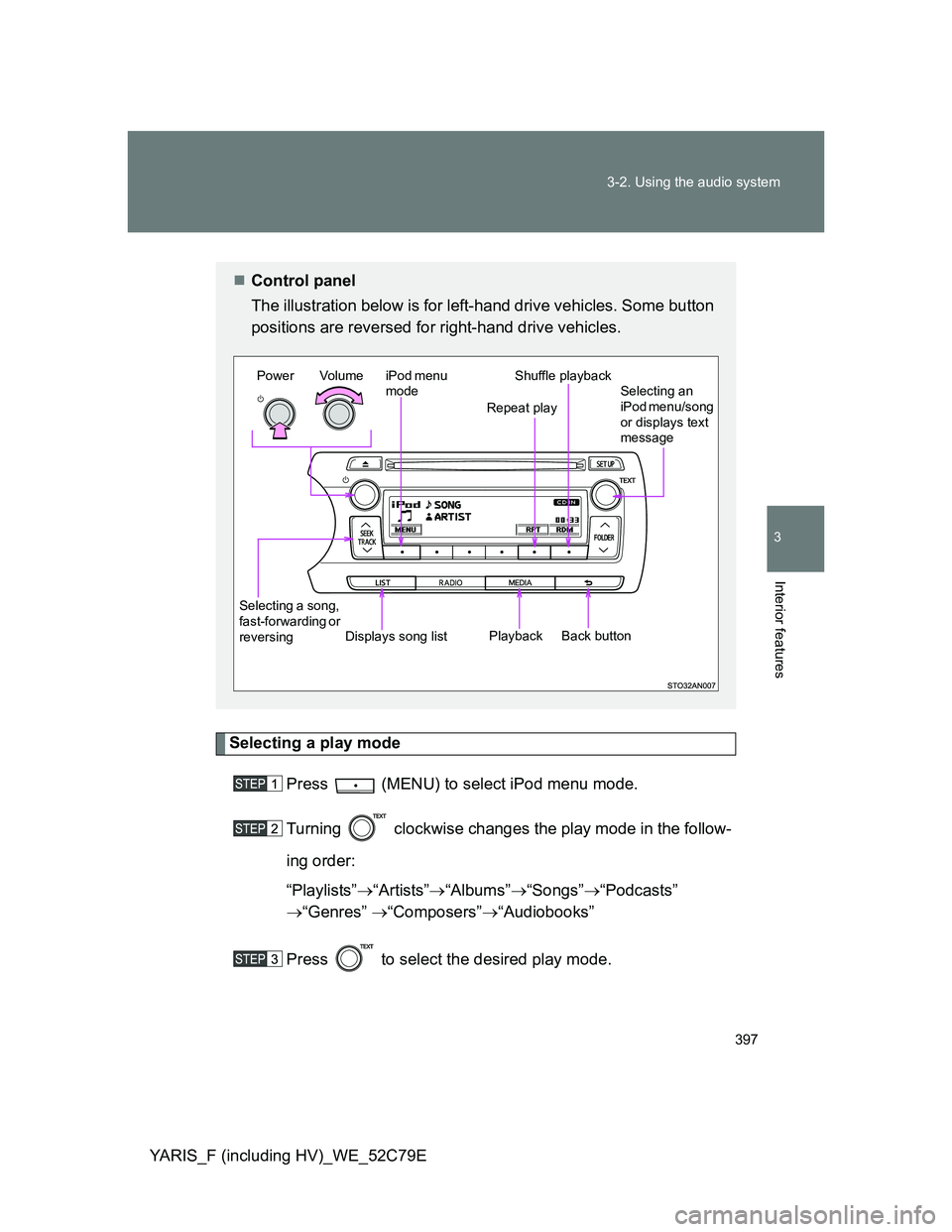 TOYOTA YARIS HYBRID 2012 Owners Manual 397 3-2. Using the audio system
3
Interior features
YARIS_F (including HV)_WE_52C79E
Selecting a play mode
Press (MENU) to select iPod menu mode.
Turning clockwise changes the play mode in the fol TOYOTA YARIS HYBRID 2012 Owners Manual 397 3-2. Using the audio system
3
Interior features
YARIS_F (including HV)_WE_52C79E
Selecting a play mode
Press (MENU) to select iPod menu mode.
Turning clockwise changes the play mode in the fol