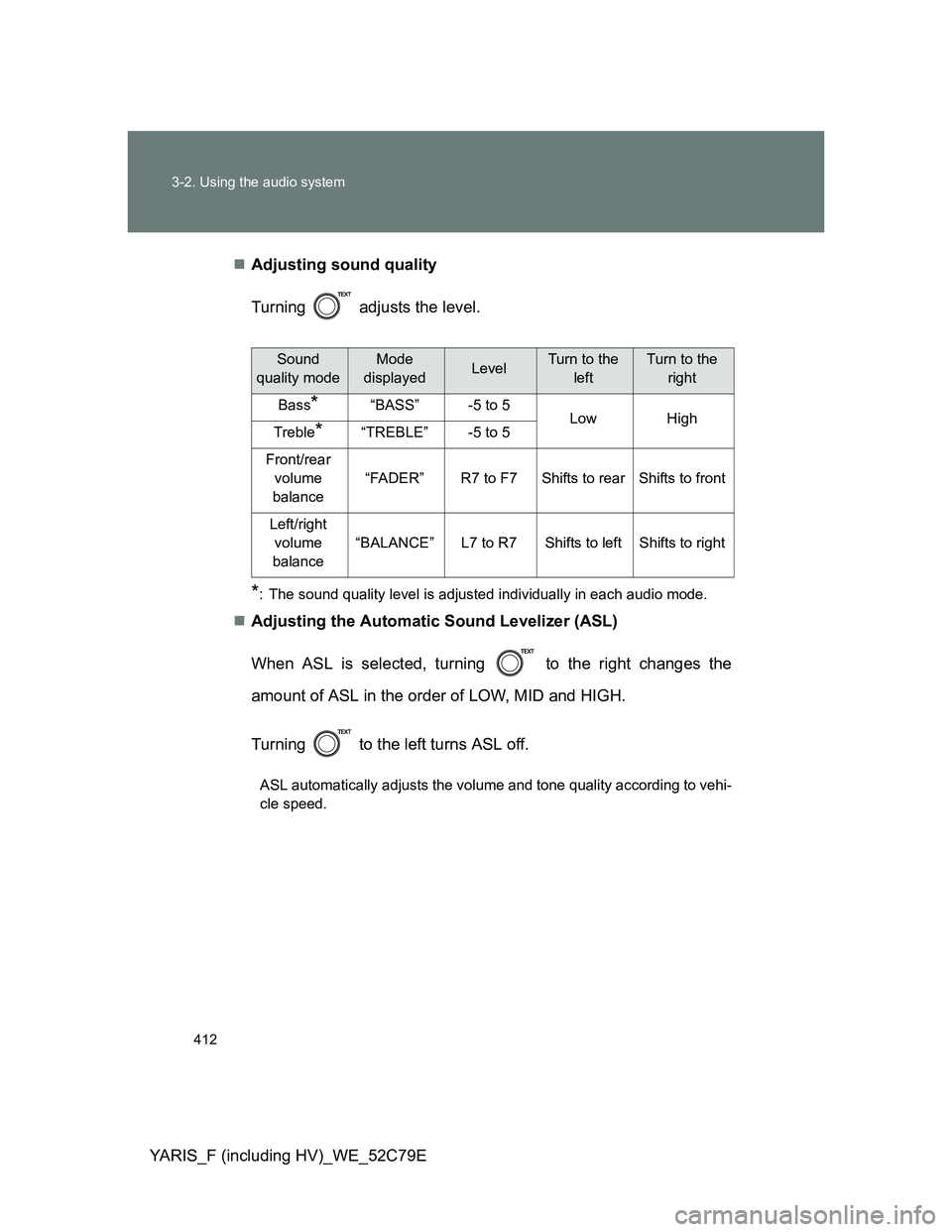 TOYOTA YARIS HYBRID 2012  Owners Manual 412 3-2. Using the audio system
YARIS_F (including HV)_WE_52C79EAdjusting sound quality
Turning   adjusts the level.
*: The sound quality level is adjusted individually in each audio mode.
Adjus