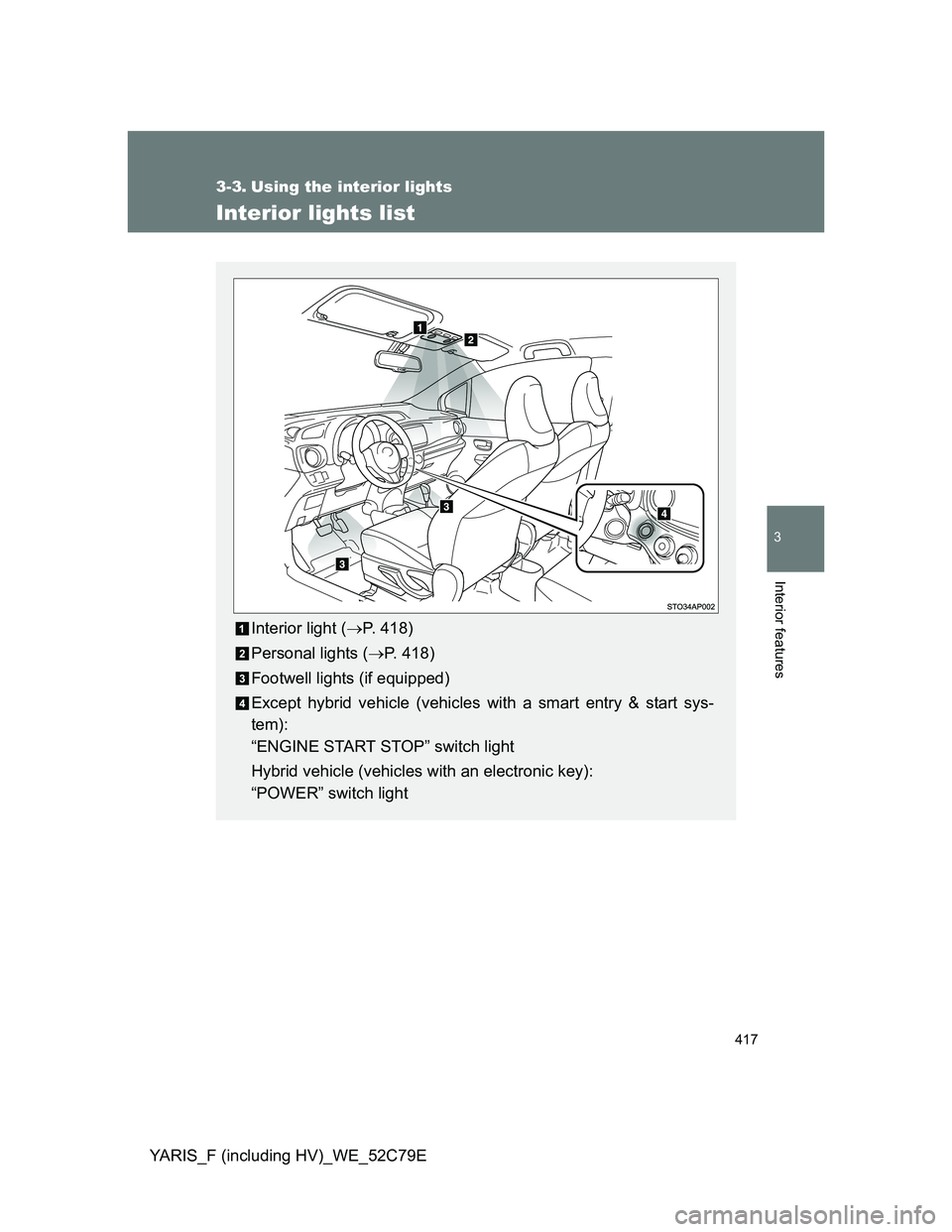 TOYOTA YARIS HYBRID 2012  Owners Manual 417
3
Interior features
YARIS_F (including HV)_WE_52C79E
3-3. Using the interior lights
Interior lights list
Interior light (P. 418)
Personal lights (P. 418)
Footwell lights (if equipped)
Except