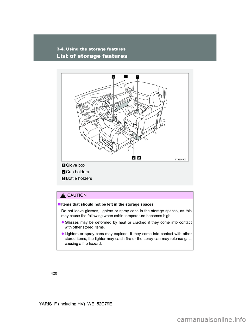 TOYOTA YARIS HYBRID 2012  Owners Manual 420
YARIS_F (including HV)_WE_52C79E
3-4. Using the storage features
List of storage features
CAUTION
Items that should not be left in the storage spaces
Do not leave glasses, lighters or spray can