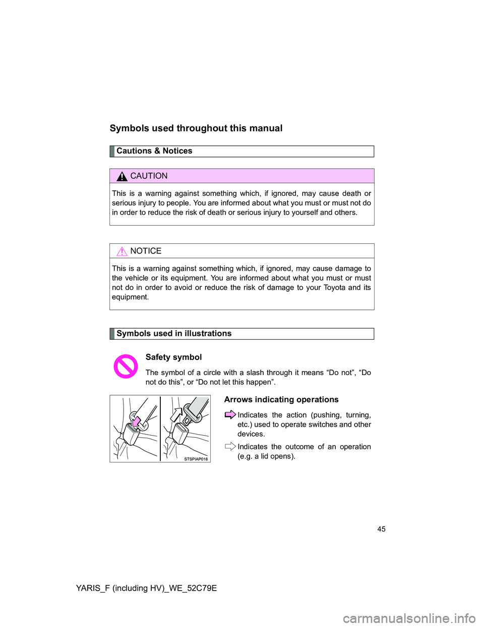 TOYOTA YARIS HYBRID 2012 Service Manual YARIS_F (including HV)_WE_52C79E
45
Symbols used throughout this manual
Cautions & Notices
Symbols used in illustrations
CAUTION
This is a warning against something which, if ignored, may cause death TOYOTA YARIS HYBRID 2012 Service Manual YARIS_F (including HV)_WE_52C79E
45
Symbols used throughout this manual
Cautions & Notices
Symbols used in illustrations
CAUTION
This is a warning against something which, if ignored, may cause death