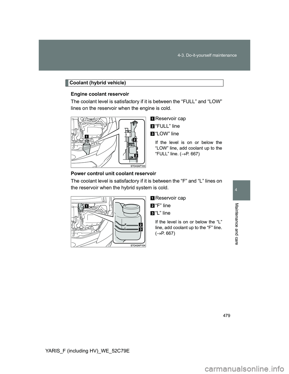 TOYOTA YARIS HYBRID 2012 Owners Manual 479 4-3. Do-it-yourself maintenance
4
Maintenance and care
YARIS_F (including HV)_WE_52C79E
Coolant (hybrid vehicle)
Engine coolant reservoir
The coolant level is satisfactory if it is between the “ TOYOTA YARIS HYBRID 2012 Owners Manual 479 4-3. Do-it-yourself maintenance
4
Maintenance and care
YARIS_F (including HV)_WE_52C79E
Coolant (hybrid vehicle)
Engine coolant reservoir
The coolant level is satisfactory if it is between the “