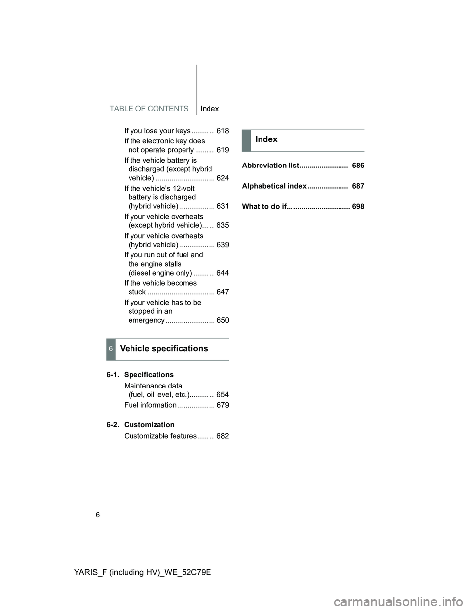 TOYOTA YARIS HYBRID 2012 Owners Manual TABLE OF CONTENTSIndex
YARIS_F (including HV)_WE_52C79E
6
If you lose your keys ........... 618
If the electronic key does
not operate properly ......... 619
If the vehicle battery is
discharged ( TOYOTA YARIS HYBRID 2012 Owners Manual TABLE OF CONTENTSIndex
YARIS_F (including HV)_WE_52C79E
6
If you lose your keys ........... 618
If the electronic key does
not operate properly ......... 619
If the vehicle battery is
discharged (