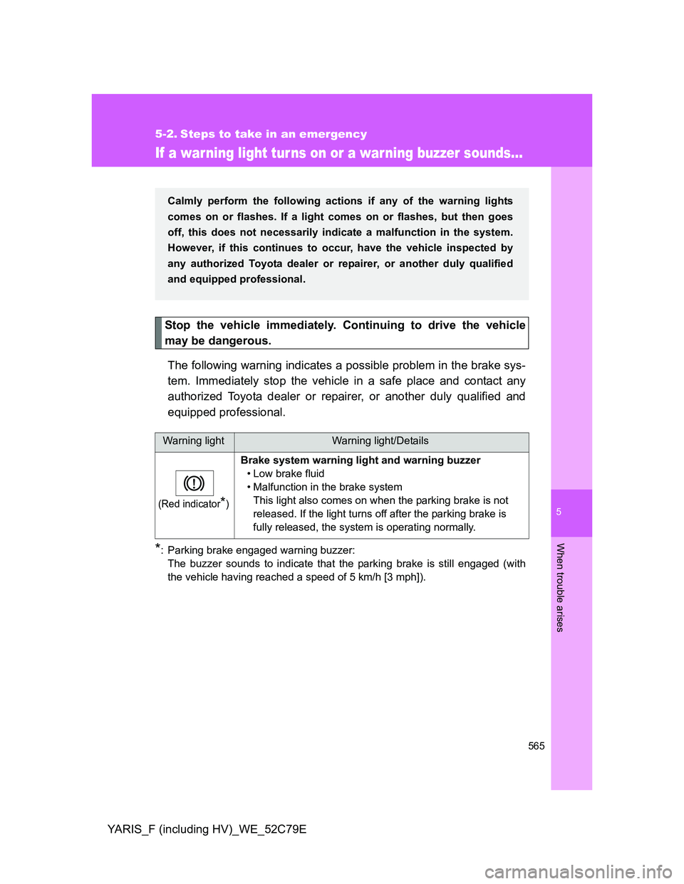 TOYOTA YARIS HYBRID 2012 Owners Manual 5
565
When trouble arises
YARIS_F (including HV)_WE_52C79E
5-2. Steps to take in an emergency
If a war ning light tur ns on or a warning buzzer sounds...
Stop the vehicle immediately. Continuing to dr TOYOTA YARIS HYBRID 2012 Owners Manual 5
565
When trouble arises
YARIS_F (including HV)_WE_52C79E
5-2. Steps to take in an emergency
If a war ning light tur ns on or a warning buzzer sounds...
Stop the vehicle immediately. Continuing to dr