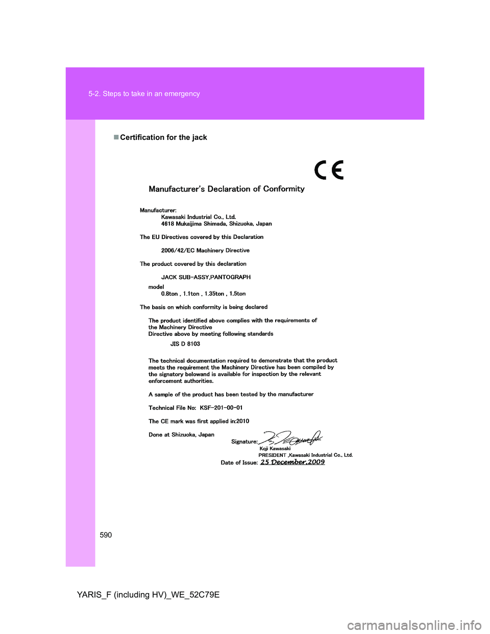 TOYOTA YARIS HYBRID 2012  Owners Manual 590 5-2. Steps to take in an emergency
YARIS_F (including HV)_WE_52C79E
Certification for the jack 