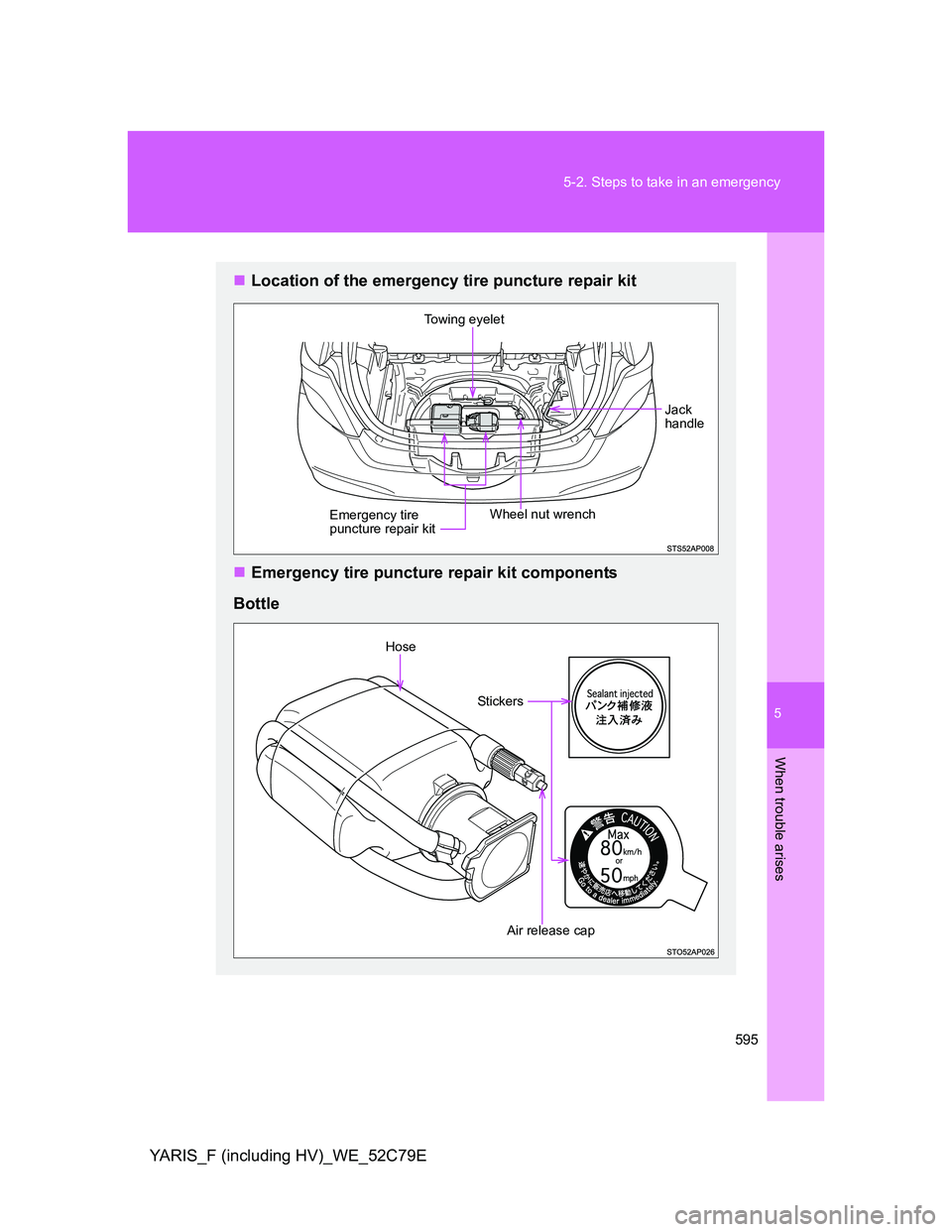 TOYOTA YARIS HYBRID 2012 Owners Manual 5
595 5-2. Steps to take in an emergency
When trouble arises
YARIS_F (including HV)_WE_52C79E
Location of the emergency tire puncture repair kit
Emergency tire puncture repair kit components
Bot TOYOTA YARIS HYBRID 2012 Owners Manual 5
595 5-2. Steps to take in an emergency
When trouble arises
YARIS_F (including HV)_WE_52C79E
Location of the emergency tire puncture repair kit
Emergency tire puncture repair kit components
Bot