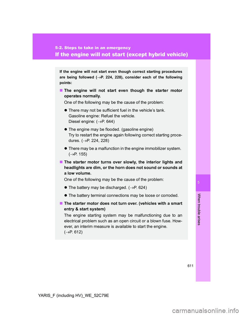 TOYOTA YARIS HYBRID 2012 Owners Manual 5
611
5-2. Steps to take in an emergency
When trouble arises
YARIS_F (including HV)_WE_52C79E
If the engine will not start (except hybrid vehicle)
If the engine will not start even though correct star TOYOTA YARIS HYBRID 2012 Owners Manual 5
611
5-2. Steps to take in an emergency
When trouble arises
YARIS_F (including HV)_WE_52C79E
If the engine will not start (except hybrid vehicle)
If the engine will not start even though correct star