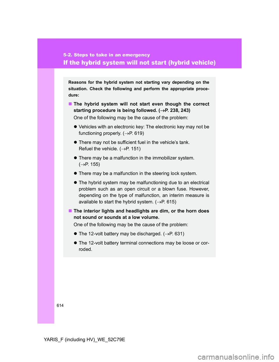 TOYOTA YARIS HYBRID 2012 Owners Manual 614
5-2. Steps to take in an emergency
YARIS_F (including HV)_WE_52C79E
If the hybrid system will not start (hybrid vehicle)
Reasons for the hybrid system not starting vary depending on the
situation. TOYOTA YARIS HYBRID 2012 Owners Manual 614
5-2. Steps to take in an emergency
YARIS_F (including HV)_WE_52C79E
If the hybrid system will not start (hybrid vehicle)
Reasons for the hybrid system not starting vary depending on the
situation.