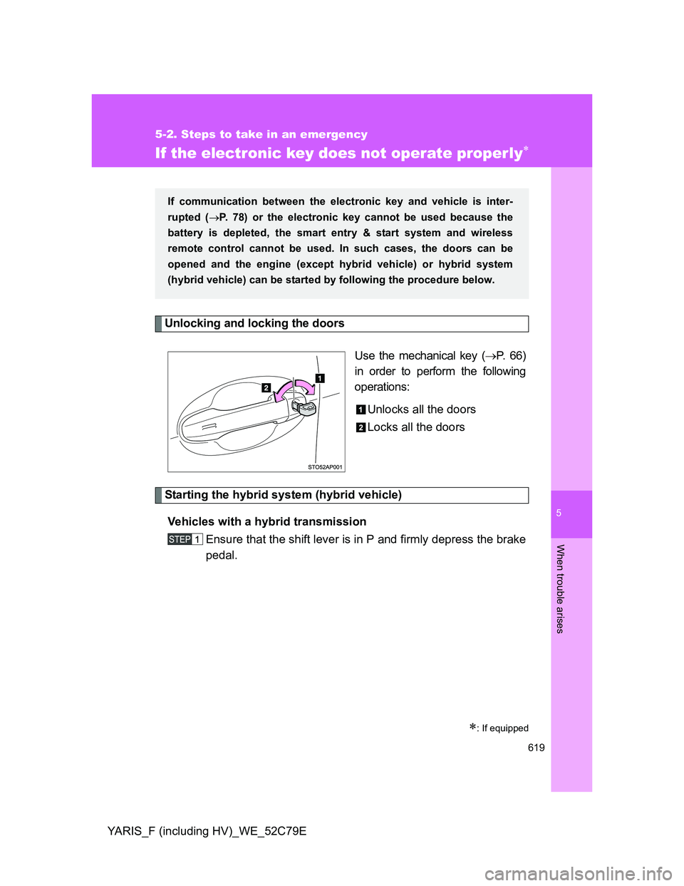 TOYOTA YARIS HYBRID 2012 Owners Manual 5
619
5-2. Steps to take in an emergency
When trouble arises
YARIS_F (including HV)_WE_52C79E
If the electronic key does not operate properly
Unlocking and locking the doors
Use the mechanical key TOYOTA YARIS HYBRID 2012 Owners Manual 5
619
5-2. Steps to take in an emergency
When trouble arises
YARIS_F (including HV)_WE_52C79E
If the electronic key does not operate properly
Unlocking and locking the doors
Use the mechanical key