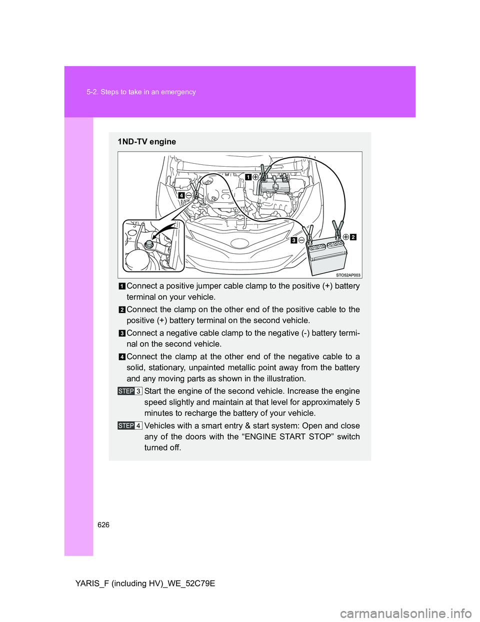 TOYOTA YARIS HYBRID 2012 Owners Manual 626 5-2. Steps to take in an emergency
YARIS_F (including HV)_WE_52C79E
1ND-TV engine
Connect a positive jumper cable clamp to the positive (+) battery
terminal on your vehicle.
Connect the clamp on t TOYOTA YARIS HYBRID 2012 Owners Manual 626 5-2. Steps to take in an emergency
YARIS_F (including HV)_WE_52C79E
1ND-TV engine
Connect a positive jumper cable clamp to the positive (+) battery
terminal on your vehicle.
Connect the clamp on t