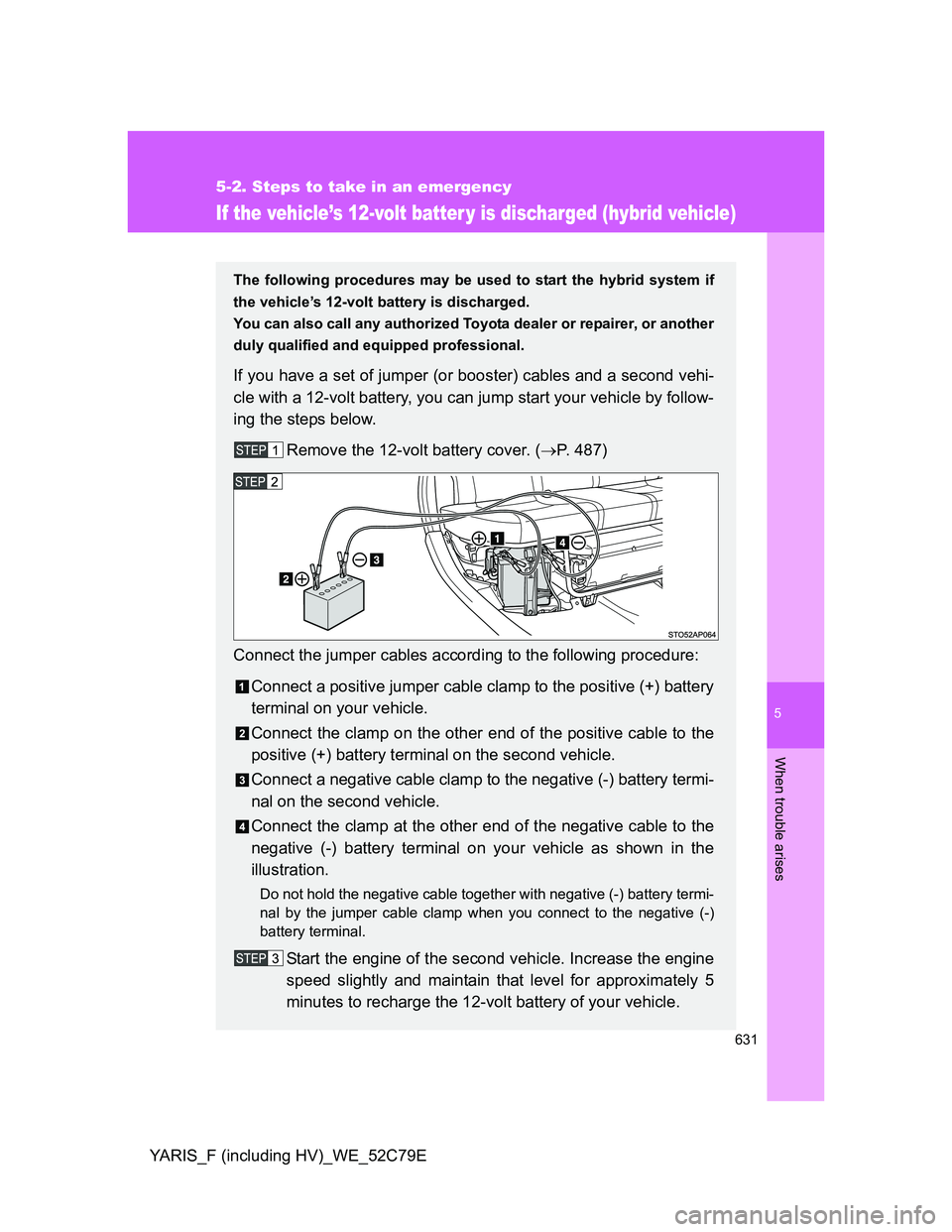 TOYOTA YARIS HYBRID 2012 Owners Manual 5
631
5-2. Steps to take in an emergency
When trouble arises
YARIS_F (including HV)_WE_52C79E
If the vehicle’s 12-volt batter y is discharged (hybrid vehicle)
The following procedures may be used to TOYOTA YARIS HYBRID 2012 Owners Manual 5
631
5-2. Steps to take in an emergency
When trouble arises
YARIS_F (including HV)_WE_52C79E
If the vehicle’s 12-volt batter y is discharged (hybrid vehicle)
The following procedures may be used to