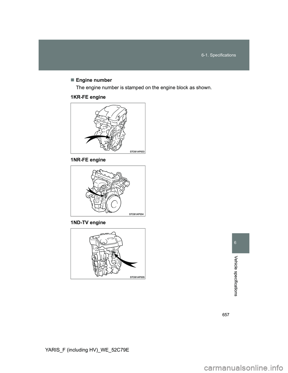 TOYOTA YARIS HYBRID 2012  Owners Manual 657 6-1. Specifications
6
Vehicle specifications
YARIS_F (including HV)_WE_52C79EEngine number
The engine number is stamped on the engine block as shown.
1KR-FE engine
1NR-FE engine
1ND-TV engine 