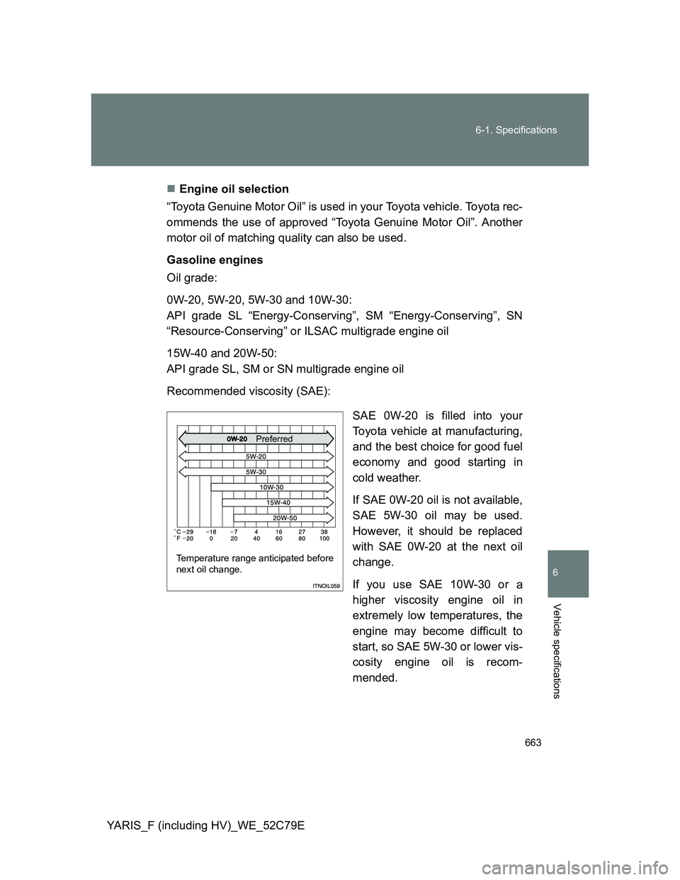TOYOTA YARIS HYBRID 2012 Owners Manual 663 6-1. Specifications
6
Vehicle specifications
YARIS_F (including HV)_WE_52C79EEngine oil selection
“Toyota Genuine Motor Oil” is used in your Toyota vehicle. Toyota rec-
ommends the use of a TOYOTA YARIS HYBRID 2012 Owners Manual 663 6-1. Specifications
6
Vehicle specifications
YARIS_F (including HV)_WE_52C79EEngine oil selection
“Toyota Genuine Motor Oil” is used in your Toyota vehicle. Toyota rec-
ommends the use of a