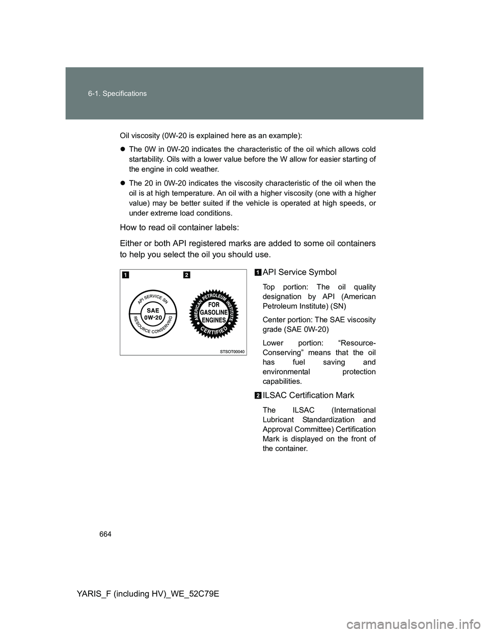 TOYOTA YARIS HYBRID 2012 Owners Manual 664 6-1. Specifications
YARIS_F (including HV)_WE_52C79E
Oil viscosity (0W-20 is explained here as an example):
The 0W in 0W-20 indicates the characteristic of the oil which allows cold
startabilit TOYOTA YARIS HYBRID 2012 Owners Manual 664 6-1. Specifications
YARIS_F (including HV)_WE_52C79E
Oil viscosity (0W-20 is explained here as an example):
The 0W in 0W-20 indicates the characteristic of the oil which allows cold
startabilit