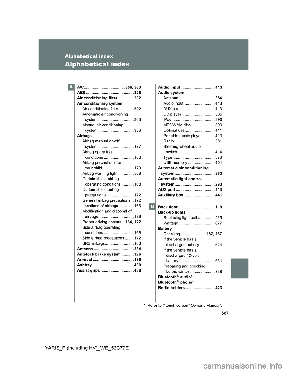 TOYOTA YARIS HYBRID 2012 Owners Manual 687
YARIS_F (including HV)_WE_52C79E
Alphabetical index
Alphabetical index
A/C..................................... 356, 363
ABS ........................................... 326
Air conditioning filter TOYOTA YARIS HYBRID 2012 Owners Manual 687
YARIS_F (including HV)_WE_52C79E
Alphabetical index
Alphabetical index
A/C..................................... 356, 363
ABS ........................................... 326
Air conditioning filter