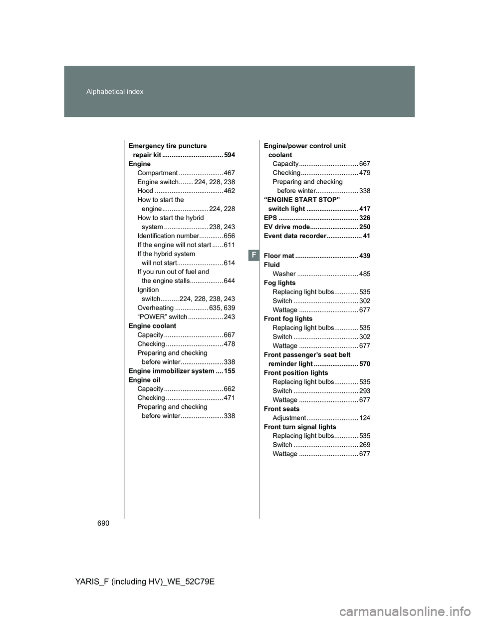 TOYOTA YARIS HYBRID 2012 Owners Manual 690 Alphabetical index
YARIS_F (including HV)_WE_52C79E
Emergency tire puncture
repair kit ................................. 594
Engine
Compartment ........................ 467
Engine switch ........ TOYOTA YARIS HYBRID 2012 Owners Manual 690 Alphabetical index
YARIS_F (including HV)_WE_52C79E
Emergency tire puncture
repair kit ................................. 594
Engine
Compartment ........................ 467
Engine switch ........