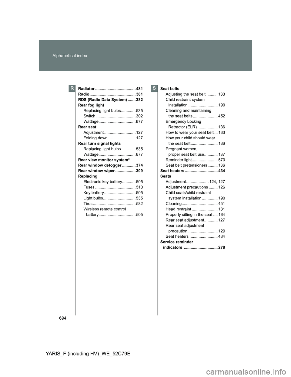 TOYOTA YARIS HYBRID 2012 Owners Manual 694 Alphabetical index
YARIS_F (including HV)_WE_52C79E
Radiator .................................... 481
Radio ......................................... 381
RDS (Radio Data System) ....... 382
Rear f TOYOTA YARIS HYBRID 2012 Owners Manual 694 Alphabetical index
YARIS_F (including HV)_WE_52C79E
Radiator .................................... 481
Radio ......................................... 381
RDS (Radio Data System) ....... 382
Rear f