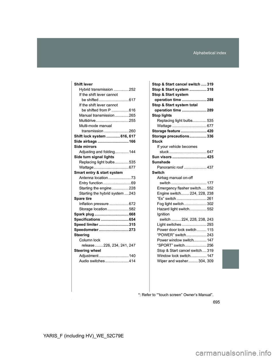TOYOTA YARIS HYBRID 2012 Owners Manual 695 Alphabetical index
YARIS_F (including HV)_WE_52C79E
Shift lever
Hybrid transmission .............. 252
If the shift lever cannot
be shifted ............................ 617
If the shift lever can TOYOTA YARIS HYBRID 2012 Owners Manual 695 Alphabetical index
YARIS_F (including HV)_WE_52C79E
Shift lever
Hybrid transmission .............. 252
If the shift lever cannot
be shifted ............................ 617
If the shift lever can