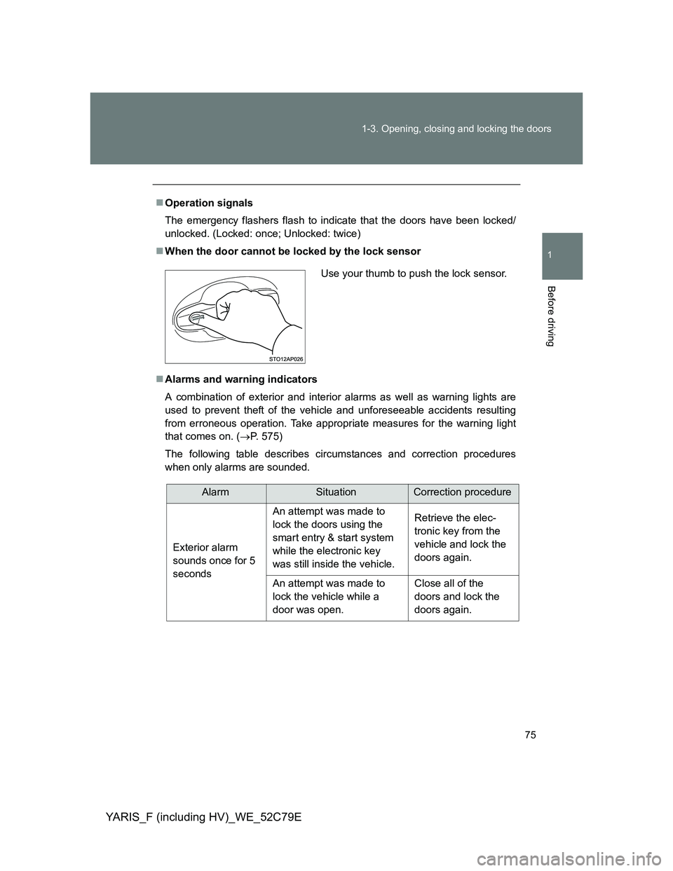 TOYOTA YARIS HYBRID 2012 Manual PDF 75 1-3. Opening, closing and locking the doors
1
Before driving
YARIS_F (including HV)_WE_52C79E
Operation signals
The emergency flashers flash to indicate that the doors have been locked/
unlocked