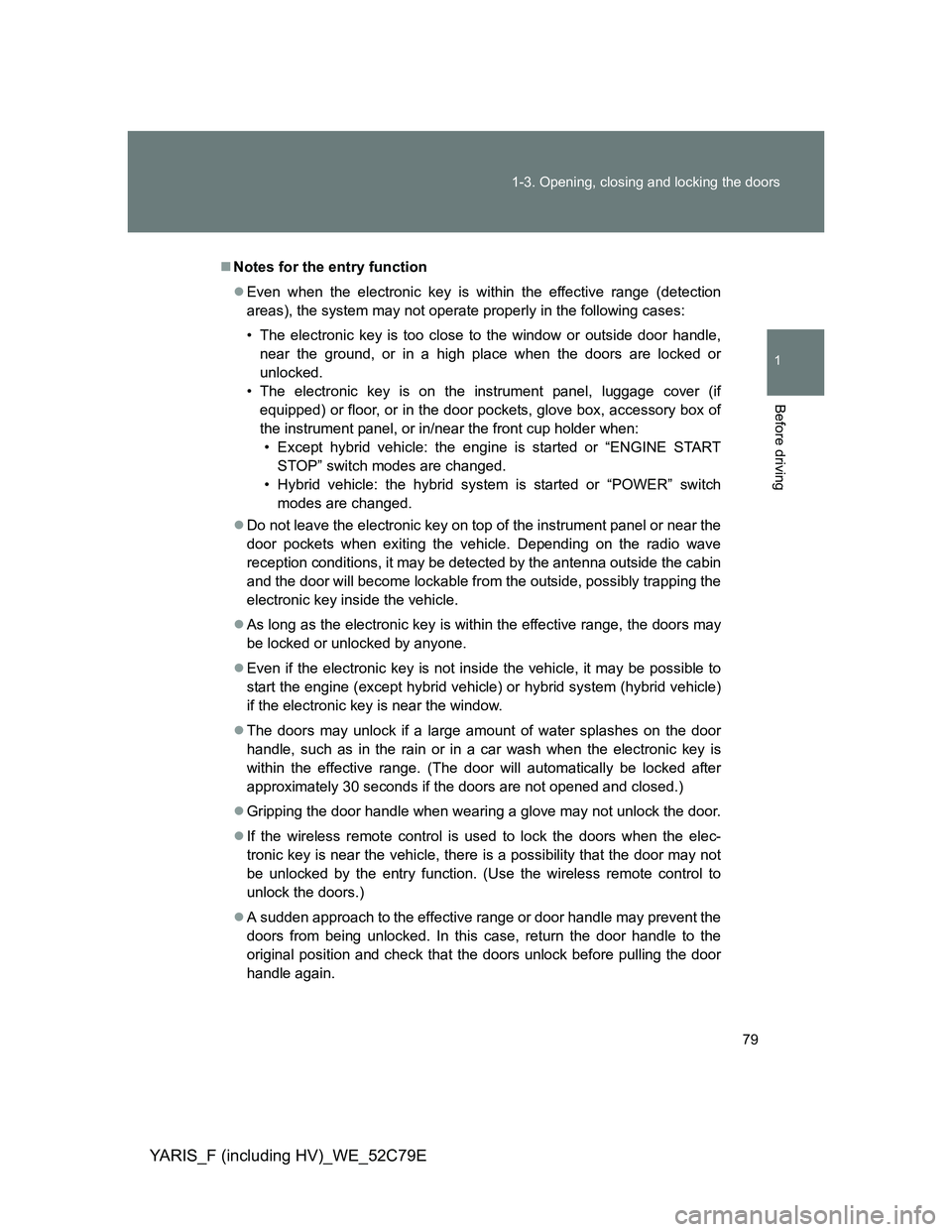 TOYOTA YARIS HYBRID 2012 Manual PDF 79 1-3. Opening, closing and locking the doors
1
Before driving
YARIS_F (including HV)_WE_52C79E
Notes for the entry function
Even when the electronic key is within the effective range (detectio