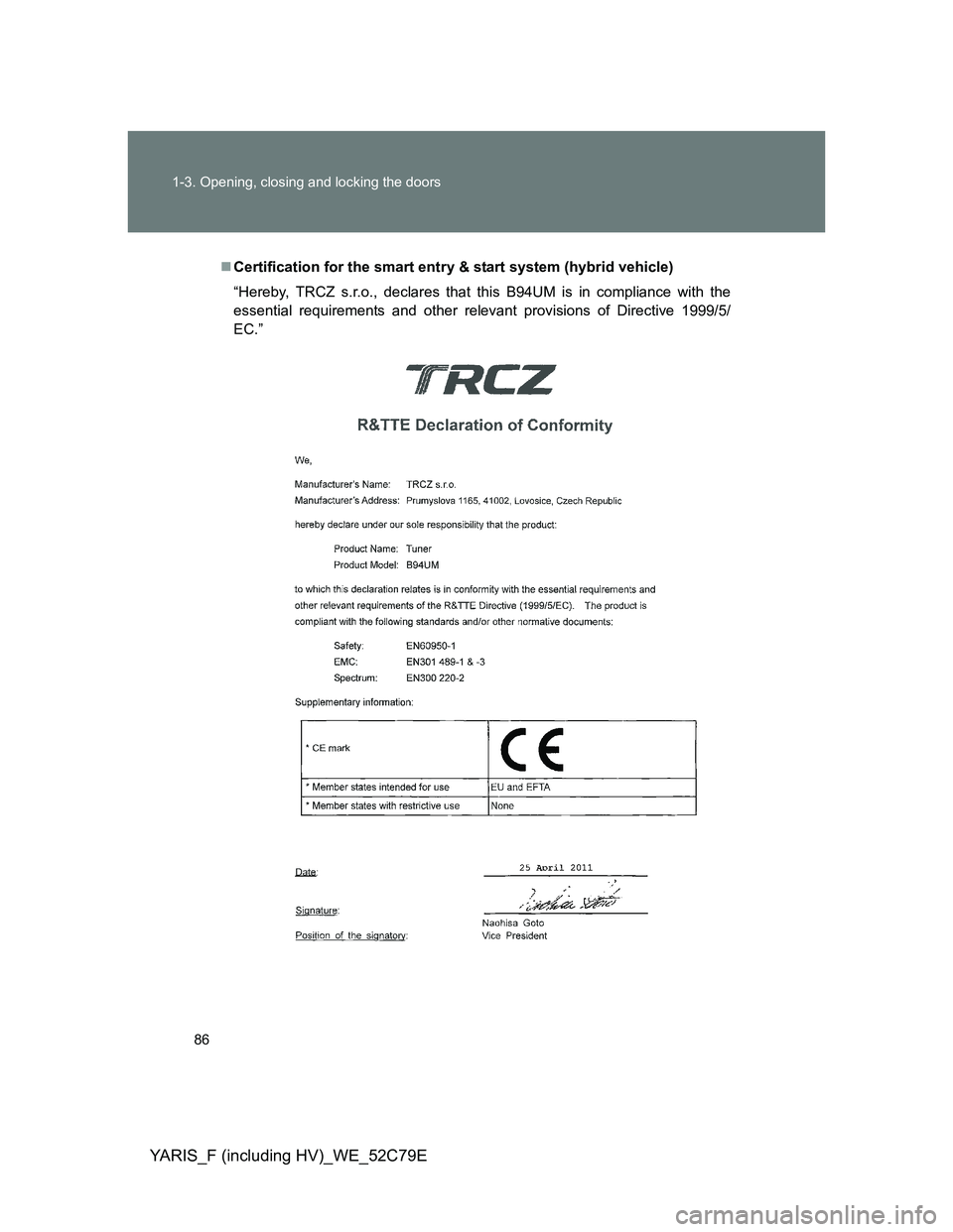 TOYOTA YARIS HYBRID 2012 Manual Online 86 1-3. Opening, closing and locking the doors
YARIS_F (including HV)_WE_52C79E
Certification for the smart entry & start system (hybrid vehicle)
“Hereby, TRCZ s.r.o., declares that this B94UM is
