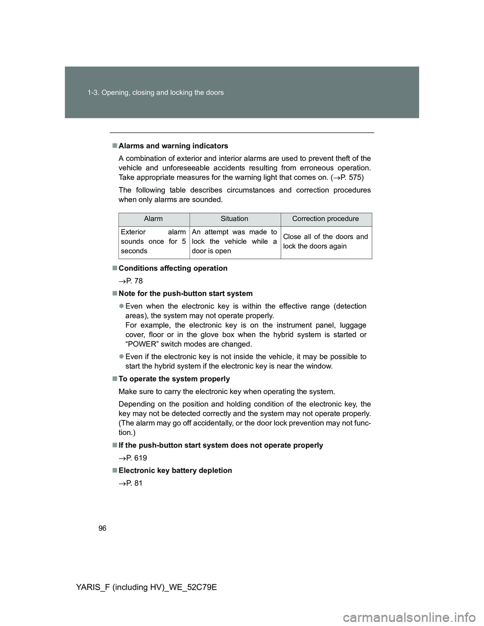 TOYOTA YARIS HYBRID 2012 Owners Manual 96 1-3. Opening, closing and locking the doors
YARIS_F (including HV)_WE_52C79E
Alarms and warning indicators
A combination of exterior and interior alarms are used to prevent theft of the
vehicle TOYOTA YARIS HYBRID 2012 Owners Manual 96 1-3. Opening, closing and locking the doors
YARIS_F (including HV)_WE_52C79E
Alarms and warning indicators
A combination of exterior and interior alarms are used to prevent theft of the
vehicle