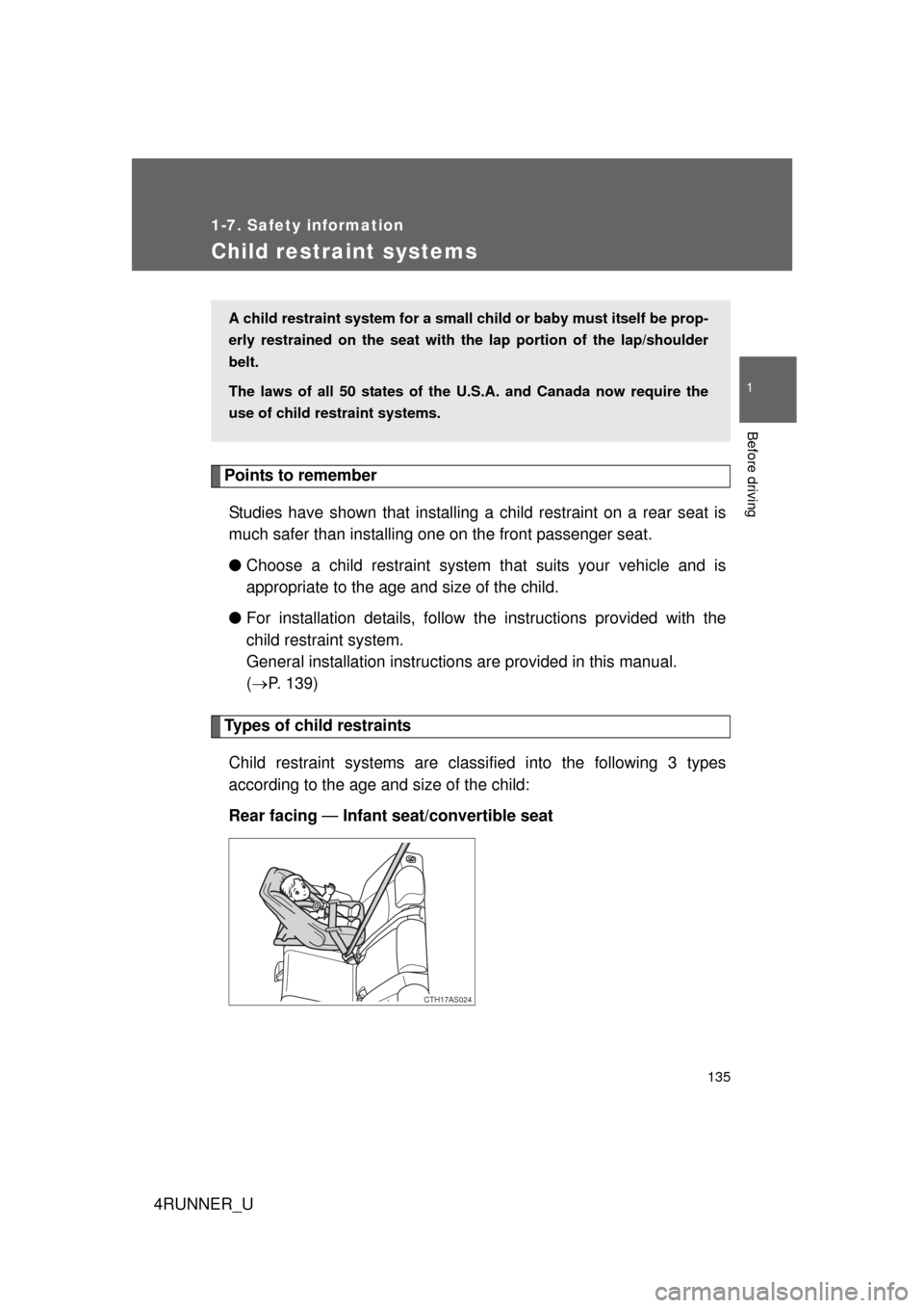 TOYOTA 4RUNNER 2010 N280 / 5.G Owners Manual 135
1
1-7. Safety information
Before driving
4RUNNER_U
Child restraint systems
Points to rememberStudies have shown that installing a child restraint on a rear seat is
much safer than installing one o TOYOTA 4RUNNER 2010 N280 / 5.G Owners Manual 135
1
1-7. Safety information
Before driving
4RUNNER_U
Child restraint systems
Points to rememberStudies have shown that installing a child restraint on a rear seat is
much safer than installing one o