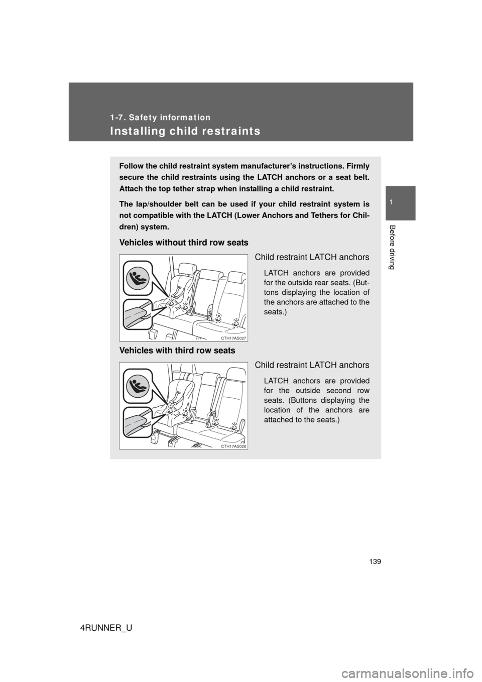 TOYOTA 4RUNNER 2010 N280 / 5.G Owners Manual 139
1
1-7. Safety information
Before driving
4RUNNER_U
Installing child restraints
Follow the child restraint system manufacturer’s instructions. Firmly
secure the child restraints using the LATCH a TOYOTA 4RUNNER 2010 N280 / 5.G Owners Manual 139
1
1-7. Safety information
Before driving
4RUNNER_U
Installing child restraints
Follow the child restraint system manufacturer’s instructions. Firmly
secure the child restraints using the LATCH a