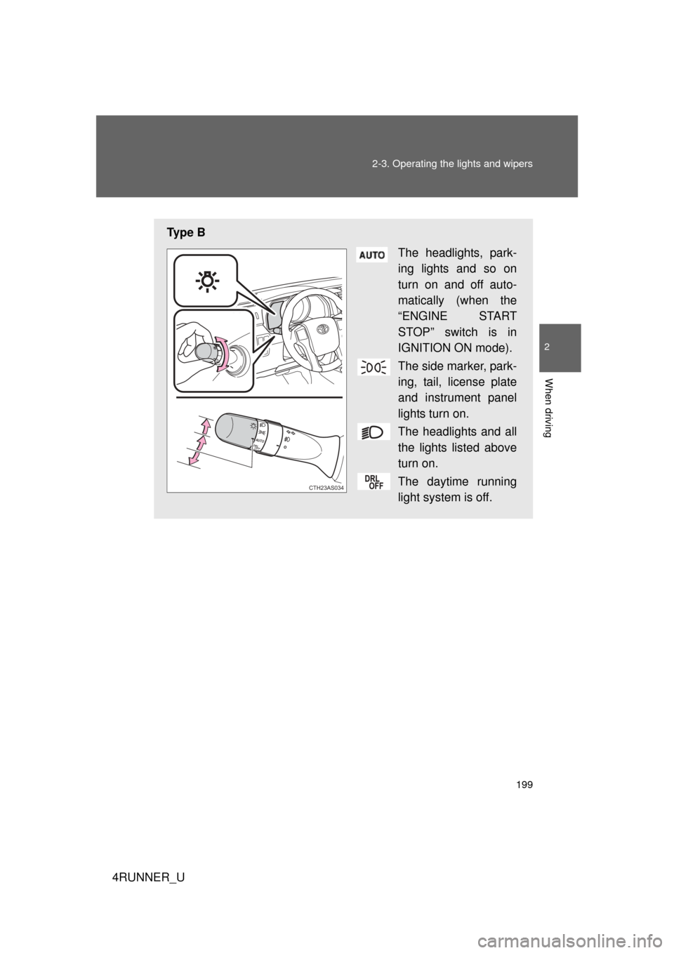 TOYOTA 4RUNNER 2010 N280 / 5.G Owners Manual 199
2-3. Operating the lights and wipers
2
When driving
4RUNNER_U
Ty p e  B
The headlights, park-
ing lights and so on
turn on and off auto-
matically (when the
“ENGINE START
STOP” switch is in
IG