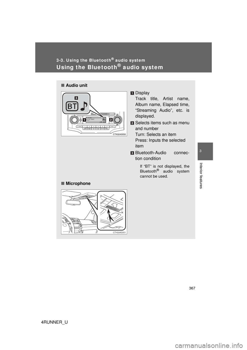 TOYOTA 4RUNNER 2010 N280 / 5.G Owners Manual 367
3-3. Using the Bluetooth® audio system
3
Interior features
4RUNNER_U
Using the Bluetooth® audio system
■Audio unit
Display 
Track title, Artist name,
Album name, Elapsed time,
“Streaming Aud