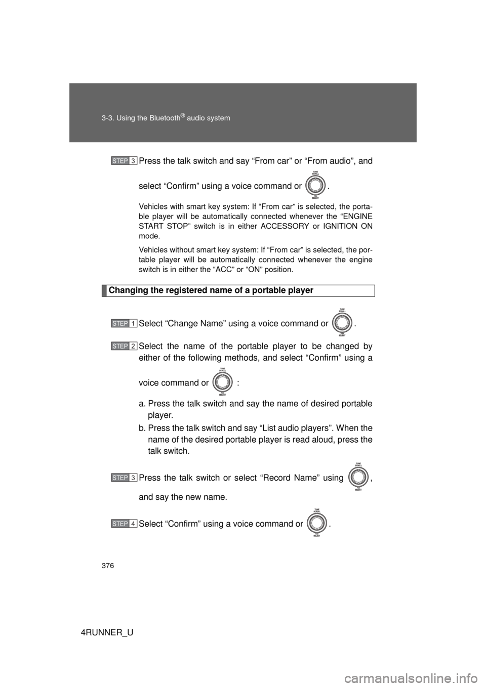 TOYOTA 4RUNNER 2010 N280 / 5.G Owners Manual 376 3-3. Using the Bluetooth
® audio system
4RUNNER_UPress the talk switch and say “From car” or “From audio”, and
select “Confirm” using a voice command or  .
Vehicles with smart key sys