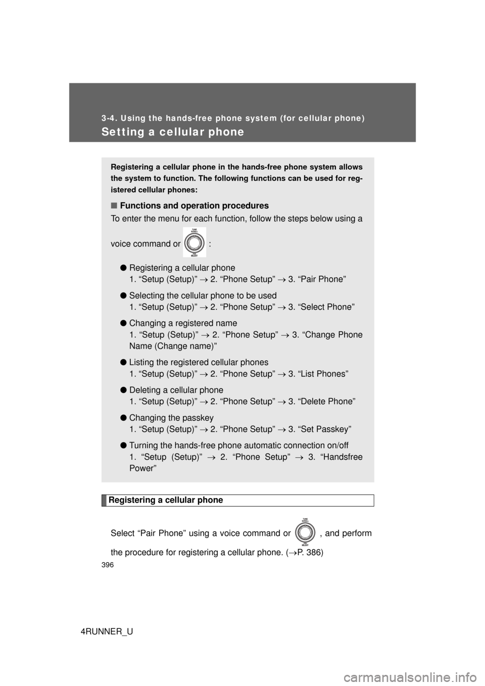 TOYOTA 4RUNNER 2010 N280 / 5.G Owners Manual 396
3-4. Using the hands-free phone system (for cellular phone)
4RUNNER_U
Setting a cellular phone
Registering a cellular phoneSelect “Pair Phone” using a voice command or   , and perform
the proc